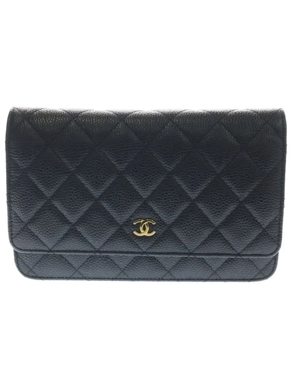 Chanel Quilted Caviar Leather Gold Chain Wallet Shoulder Bag Plate Black